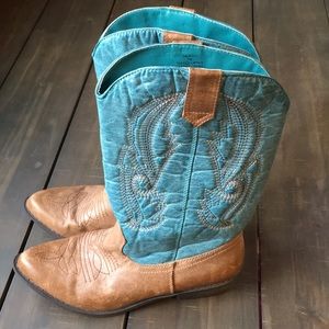 Coconuts by Matisse Teal & Tan Gaucho Cowboy Boots